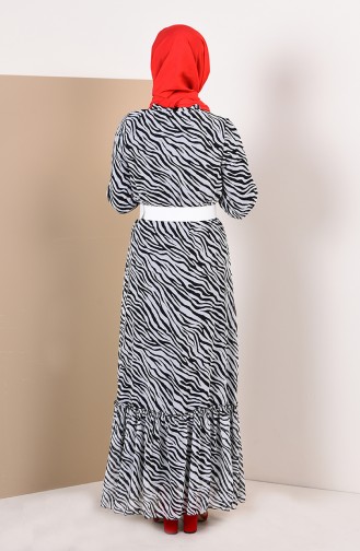 Büzgülü Şifon Elbise 0143G-01 Ekru Siyah