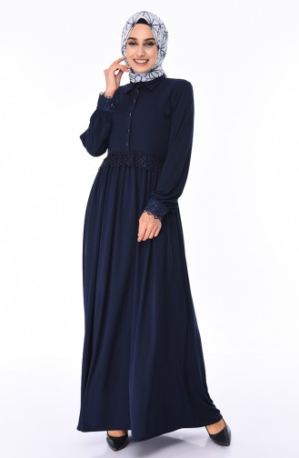 Spitzen Detailliertes Kleid 3008-02 Dunkelblau 3008-02