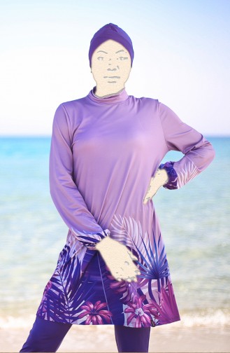 Gemusterter Hijab Badeanzug 1954-01 Lila 1954-01
