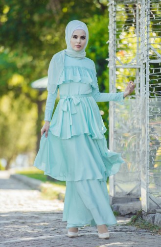 فستان سهرة بتصميم طبقات من الكشكش 1030-01 لون اخضر فاتح 1030-01