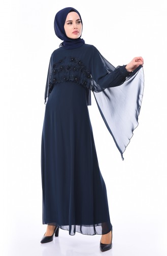 Robe de Soirée Détail Fleurs 52661-01 Bleu Marine 52661-01