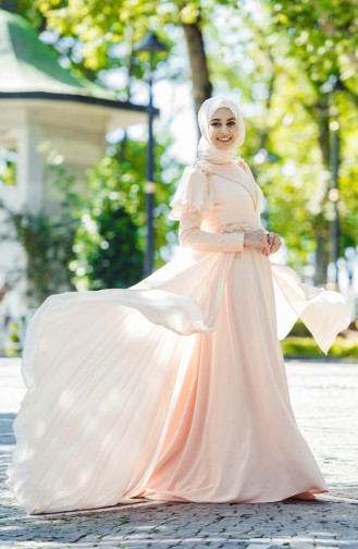 Salmon Hijab Evening Dress 7024-03