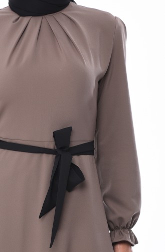 Kolu Lastikli Kuşaklı Elbise 60038-03 Vizon