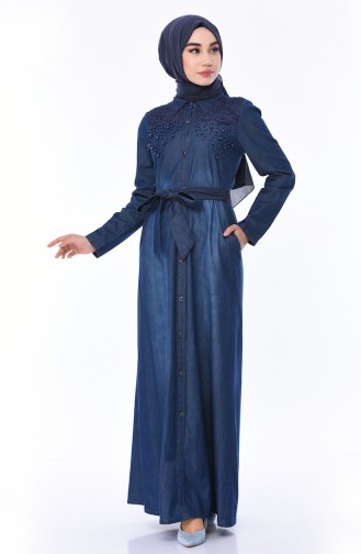 İncili Kot Elbise 8885-02 Lacivert