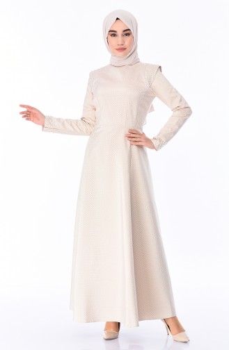 Beige Hijab Evening Dress 9083-02