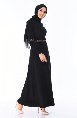 İşlemeli Kloş Elbise 0998-01 Siyah