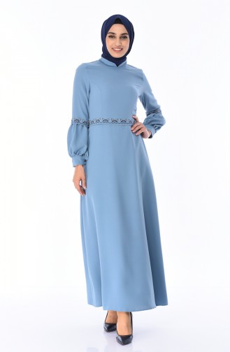 İşlemeli Kloş Elbise 0998-02 Mavi