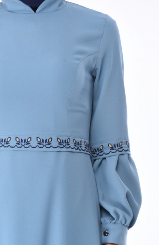 İşlemeli Kloş Elbise 0998-02 Mavi