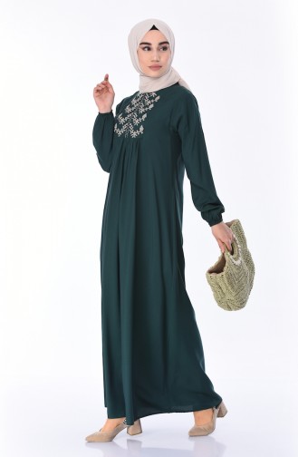 Önü Nakışlı Elbise 5027-10 Zümrüt Yeşil