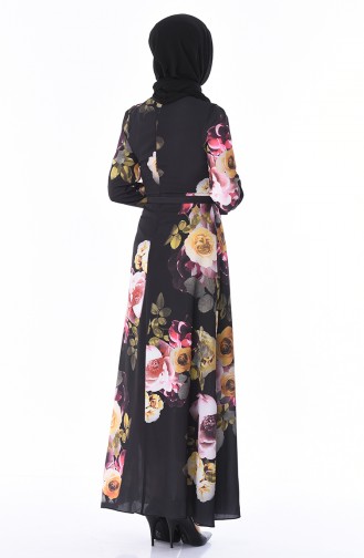 Çiçek Desenli Kuşaklı Elbise 60031-01 Siyah