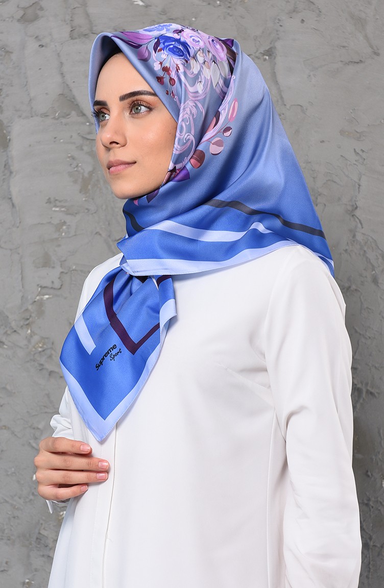 Desenli İpeksi Twill Eşarp 13060-10 Bebek Mavisi