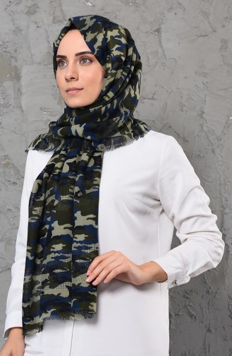 Kamuflaj Desenli Pamuklu Şal 901499-02 Lacivert Açık Yeşil