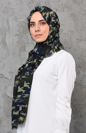 Kamuflaj Desenli Pamuklu Şal 901499-02 Lacivert Açık Yeşil