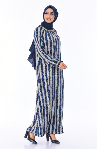 Kolu Lastikli Desenli Elbise 0080-01 Lacivert