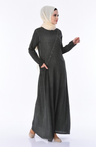Şile Bezi Yıkamalı Elbise 9023-08 Haki Yeşil