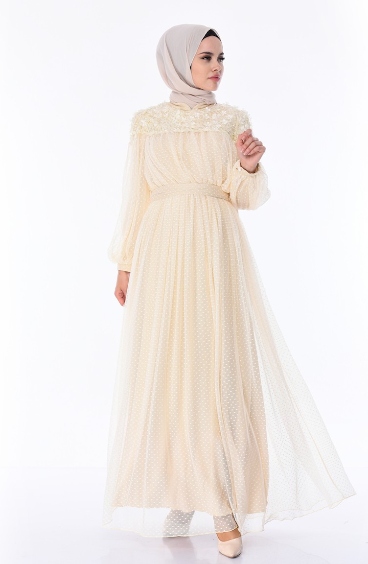 Beige Hijab Evening Dress 5070-05