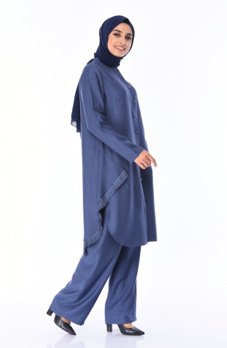 Büyük Beden Püsküllü Tunik Pantolon İkili Takım 0376-02 İndigo