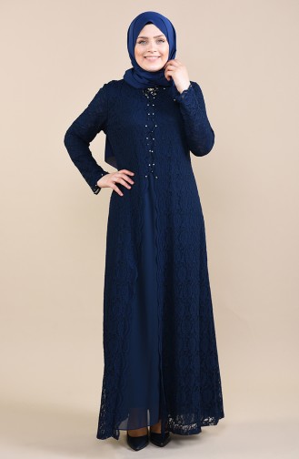 Navy Blue Hijab Evening Dress 5070-03