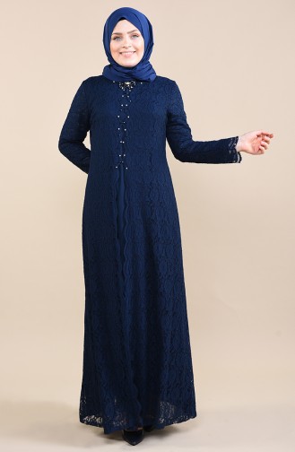 Navy Blue Hijab Evening Dress 5070-03