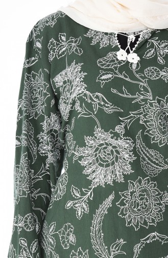 Baskılı Şile Bezi Elbise 32201-05 Zümrüt Yeşili