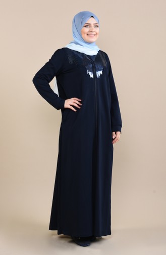 Abaya à Paillettes Grande Taille 10006-03 Bleu Marine 10006-03