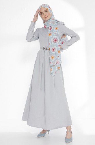 Kemerli Elbise 3159-16 Gri