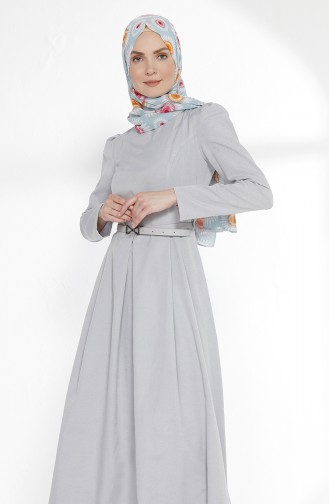 Kemerli Elbise 3159-16 Gri