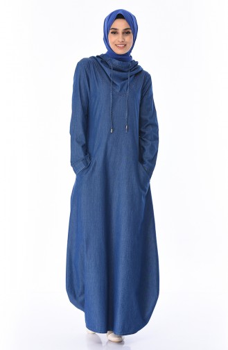 Kapüşonlu Kot Elbise 4065-01 Lacivert
