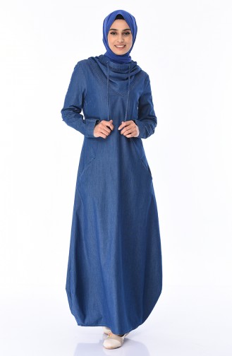Kapüşonlu Kot Elbise 4065-01 Lacivert
