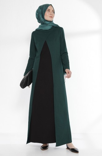 Takım Görünümlü İki İplik Elbise 3158-03 Zümrüt Yeşili Siyah