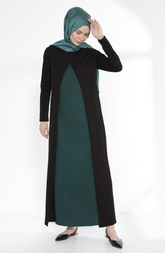 Takım Görünümlü İki İplik Elbise 3158-04 Siyah Zümrüt Yeşili