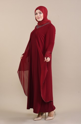 Claret Red Hijab Evening Dress 3146-02