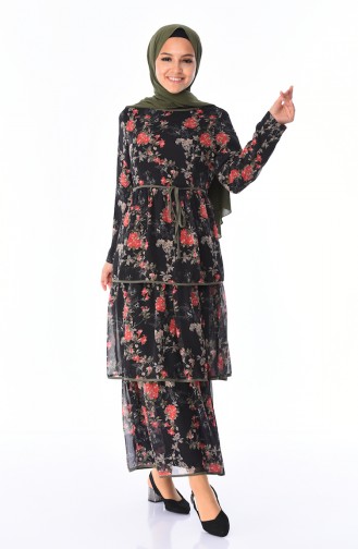 Desenli Şifon Elbise 3076-01 Siyah