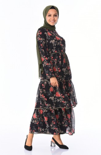 Desenli Şifon Elbise 3076-01 Siyah