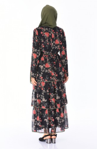 Desenli Şifon Elbise 3076-01 Siyah