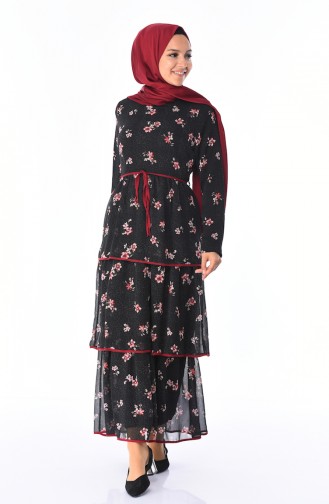 Desenli Şifon Elbise 3076B-01 Siyah