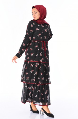 Desenli Şifon Elbise 3076B-01 Siyah