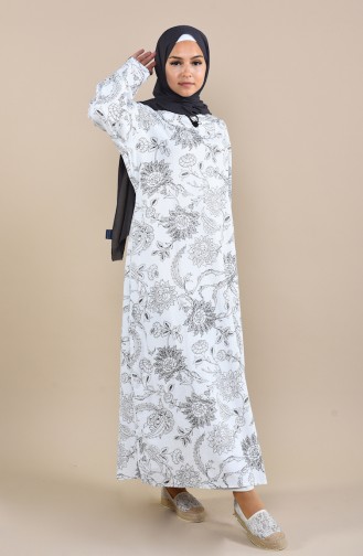 Baskılı Şile Bezi Elbise 32201-03 Beyaz