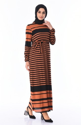 Çizgili Kuşaklı Elbise 1098-04 Taba Siyah