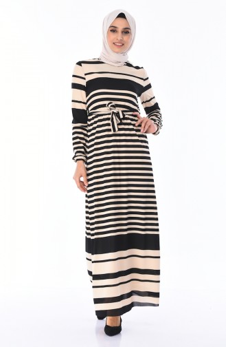 Çizgili Kuşaklı Elbise 1098-05 Bej Siyah
