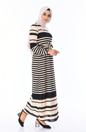 Çizgili Kuşaklı Elbise 1098-05 Bej Siyah