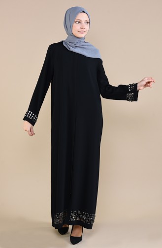 Abaya a Fermeture et Perles 0002-02 Noir 0002-02