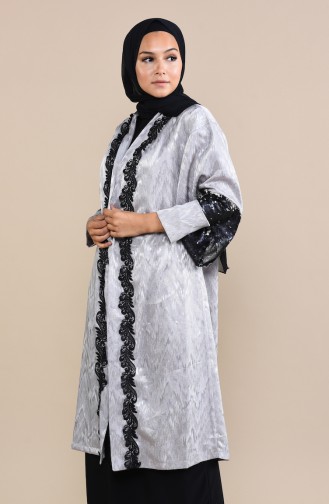 Payetli Abaya 8539-02 Siyah Gümüş