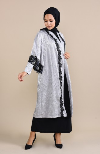 Payetli Abaya 8539-02 Siyah Gümüş