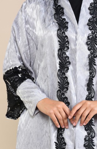 Payetli Abaya 8539-02 Siyah Gümüş