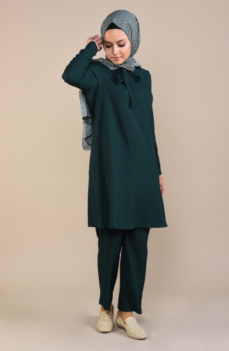 Kravat Yaka Tunik Pantolon İkili Takım 1061-07 Zümrüt Yeşili