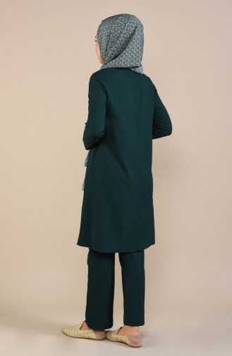 Kravat Yaka Tunik Pantolon İkili Takım 1061-07 Zümrüt Yeşili