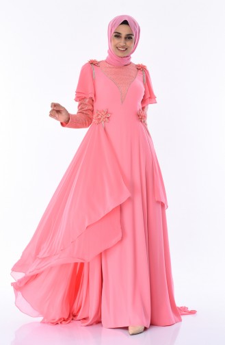 Coral Hijab Evening Dress 7024-04