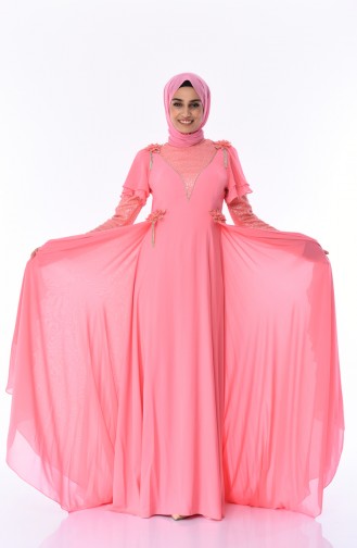 Coral Hijab Evening Dress 7024-04