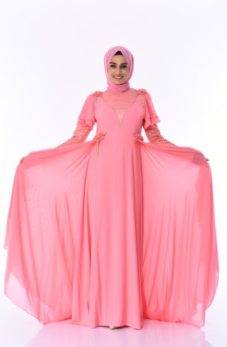 Çiçek Broşlu Abiye Elbise 7024-04 Mercan